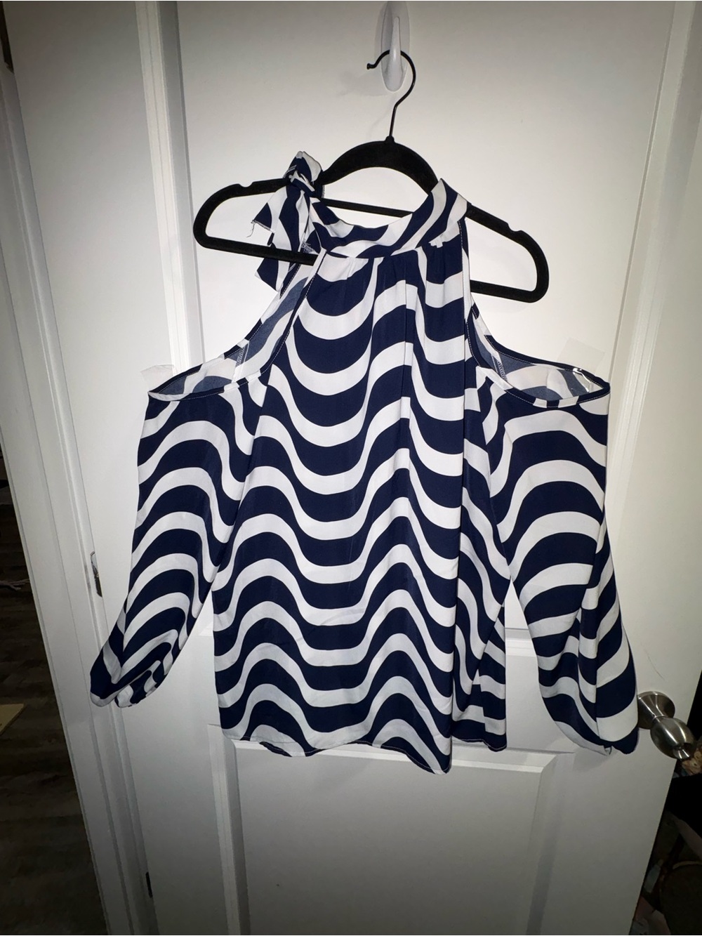 Navy and White Cold-Shoulder Halter Blouse